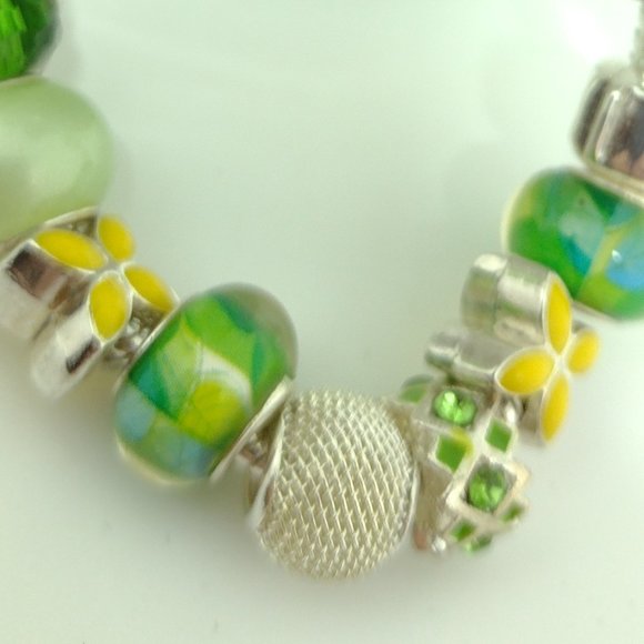 Green, Yellow, Blue  Large Glass Bead Snake Chain Bracelet - Picture 3 of 9